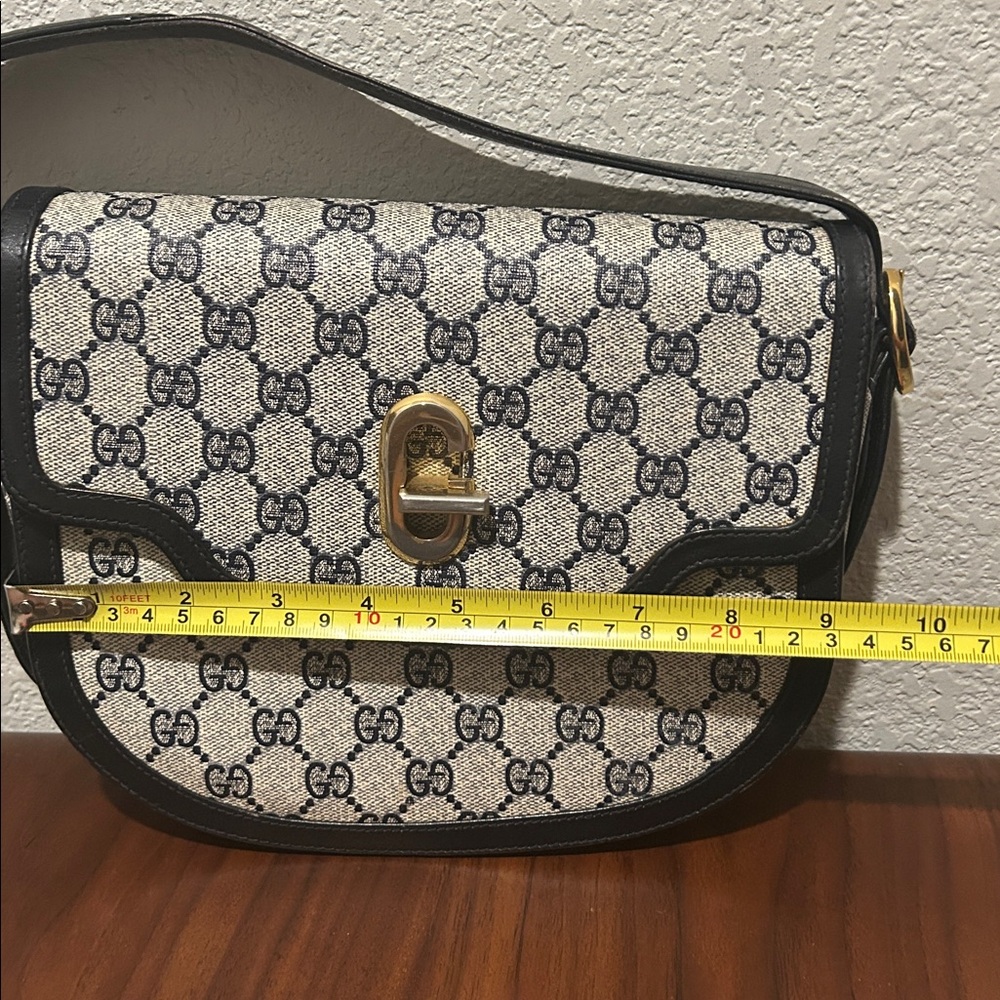 Gucci Navy GG Monogram Shoulder Bag with Leather Trim with COA and Dustbag - Picture 12 of 13